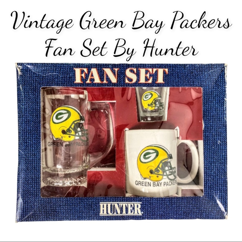 NIB Vintage Green Bay Packers Mug, & Shot Glass Fan Set By Hunter